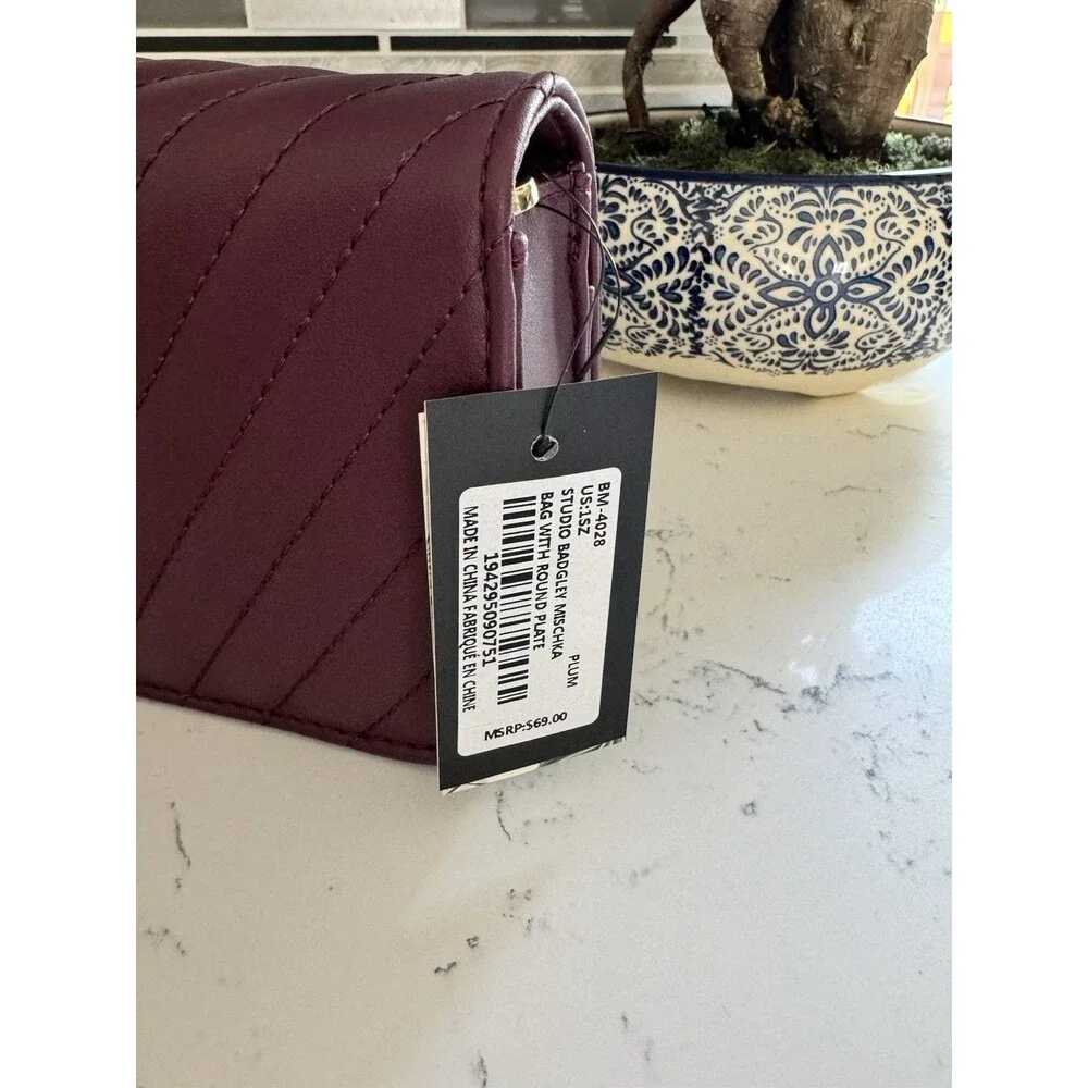 Badgley Mischka Bag Crossbody Plum Quilted Faux Leather Magnetic Removable